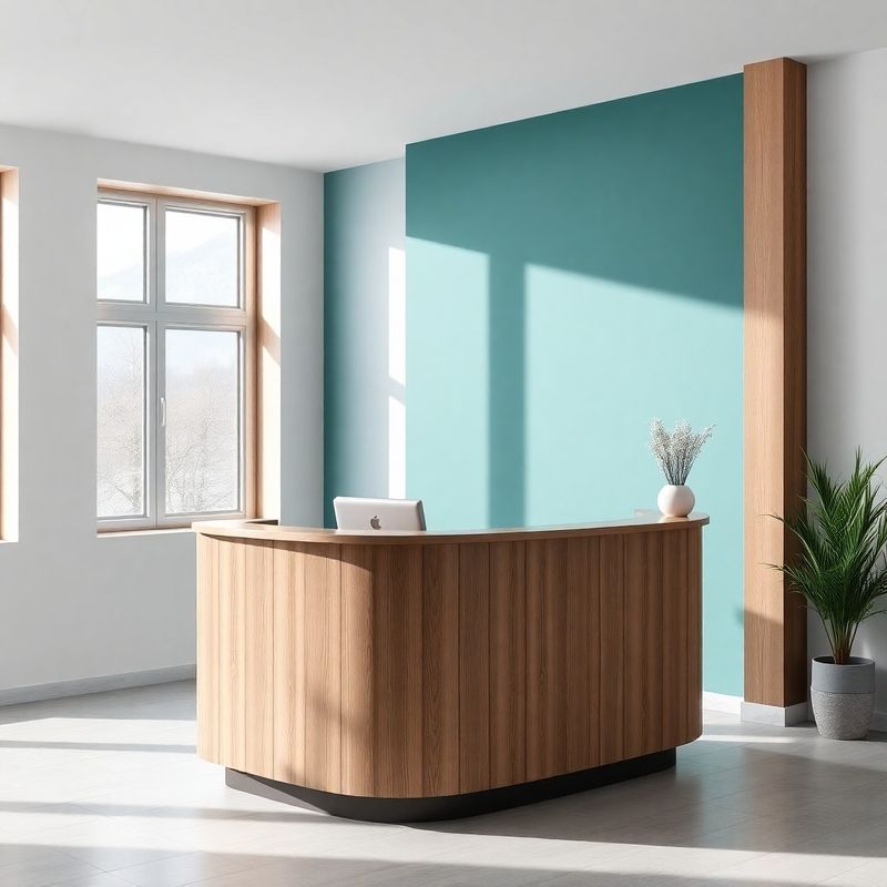 Urejena moderna recepcija pisarne s poudarjeno teal stensko oblogo