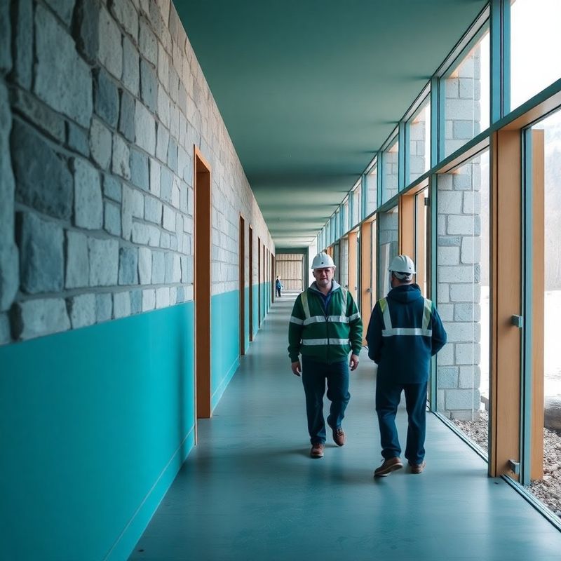 Slovensko gradbišče ali bolnišnični hodnik z delavci pri delu